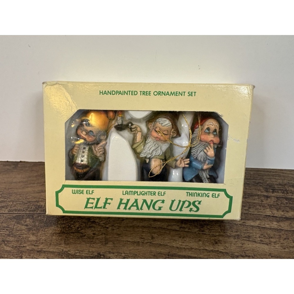 Vintage Elf Hang Ups 3" Christmas Tree Ornaments Hand Painted Macau Elves